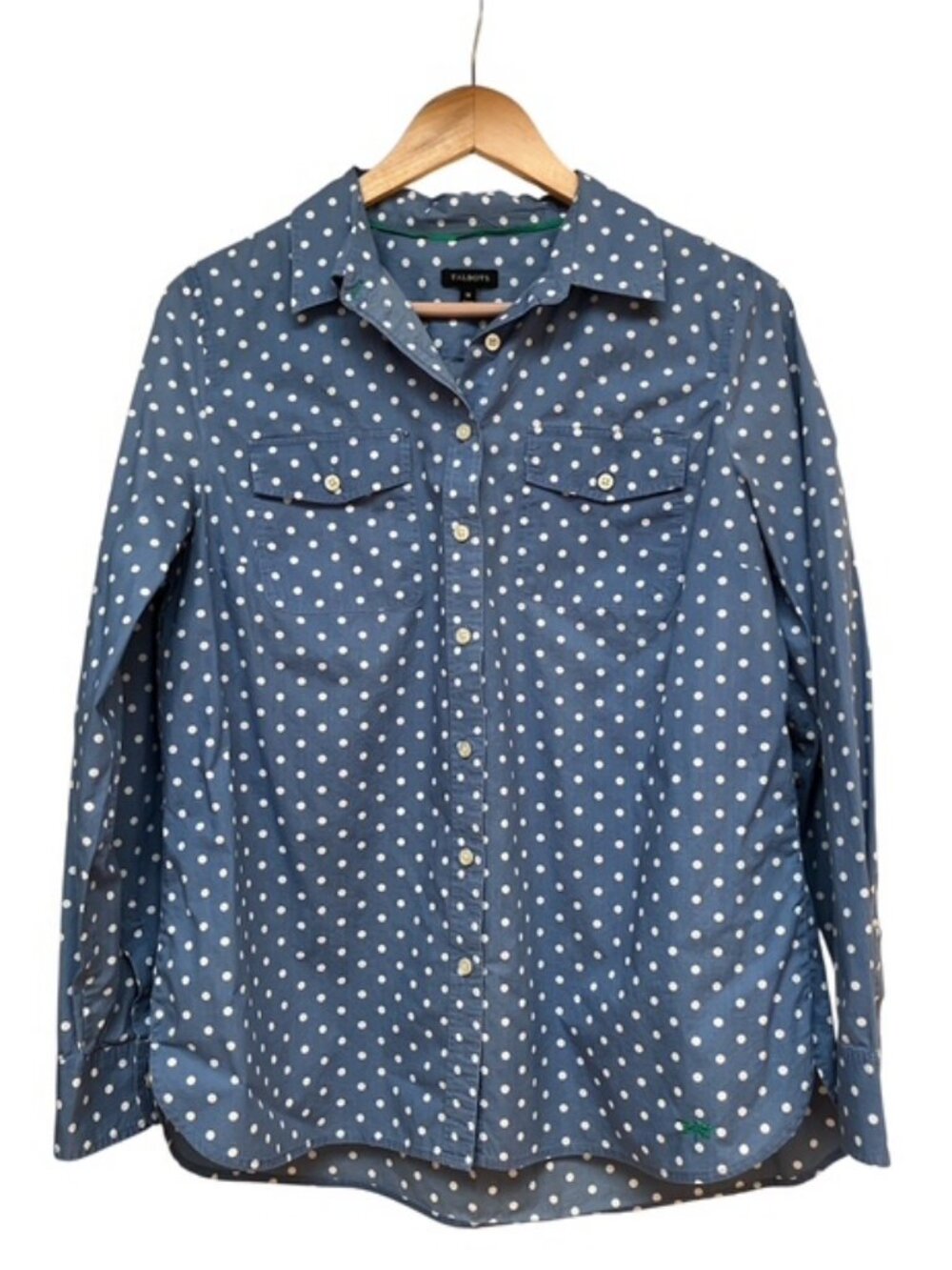 Talbots 100% Cotton Blue and white polka dot long sleeve button up blouse M